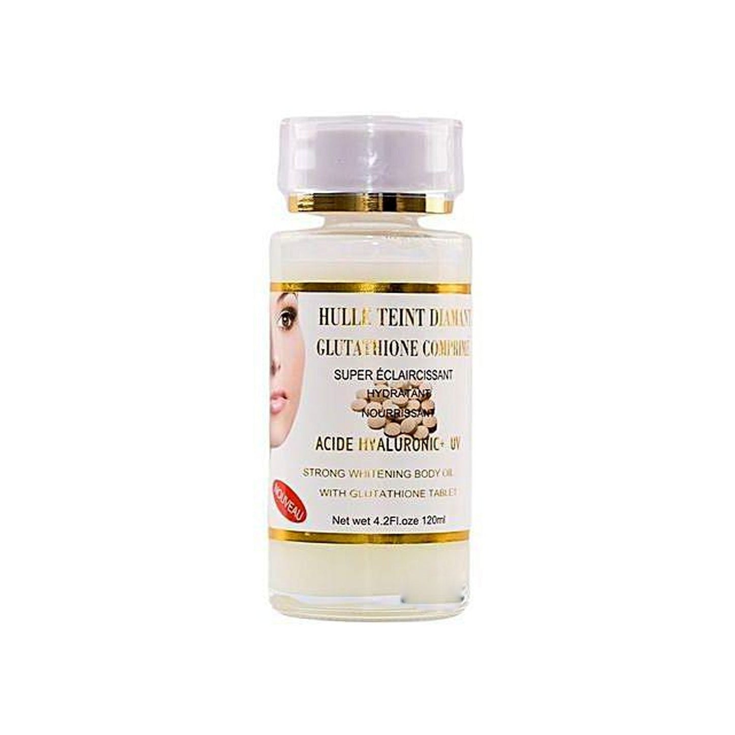 Hulle Teint Diamant, Glutathione Comprime Acide Hyaluronic + UV Strong Whitening body oil - 120ml