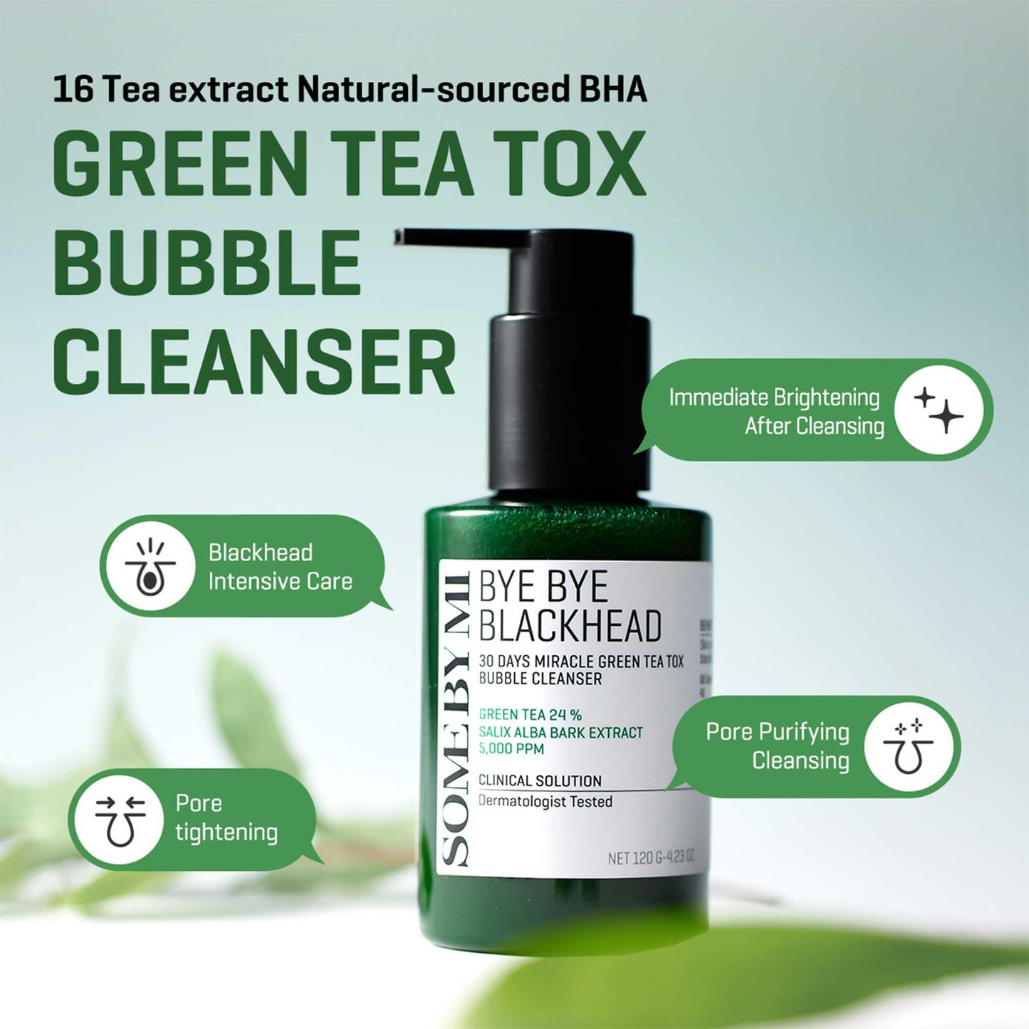 Some By Mi Bye Bye Blackhead 30 Days Miracle Green Tea Tox Bubble Cleanser, 120g