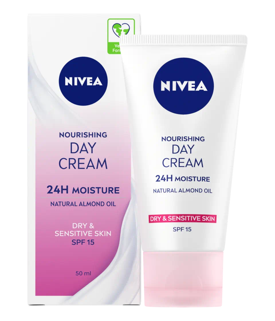 NIVEA Nourishing Day Cream 24H Moisture, Dry & Sensitive Skin SPF 15, with Natural Almond Oil, 50ml